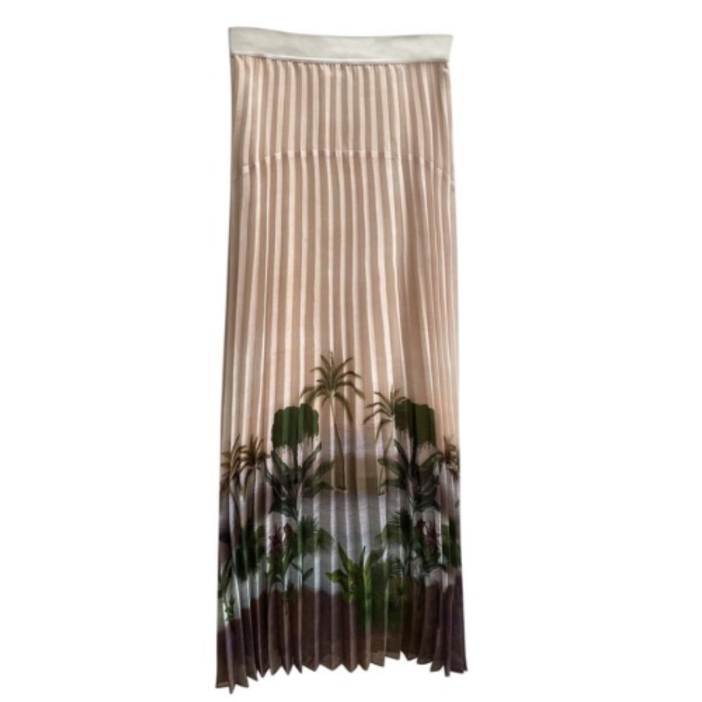 Sandro Paris Pleated Maxi Skirt Sz 3 Tropical Pattern Lined